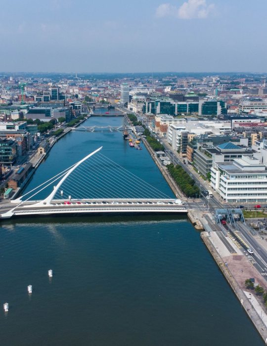 Aerial drone shot of Dublin city center with iconic bridge