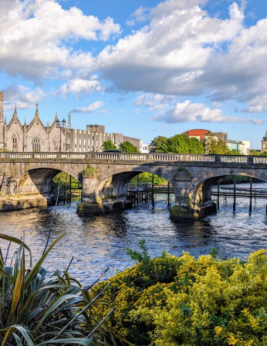 Galway city, buildings and architecture, Salmon Weir bridge, cityscape background, Irish landmarks,